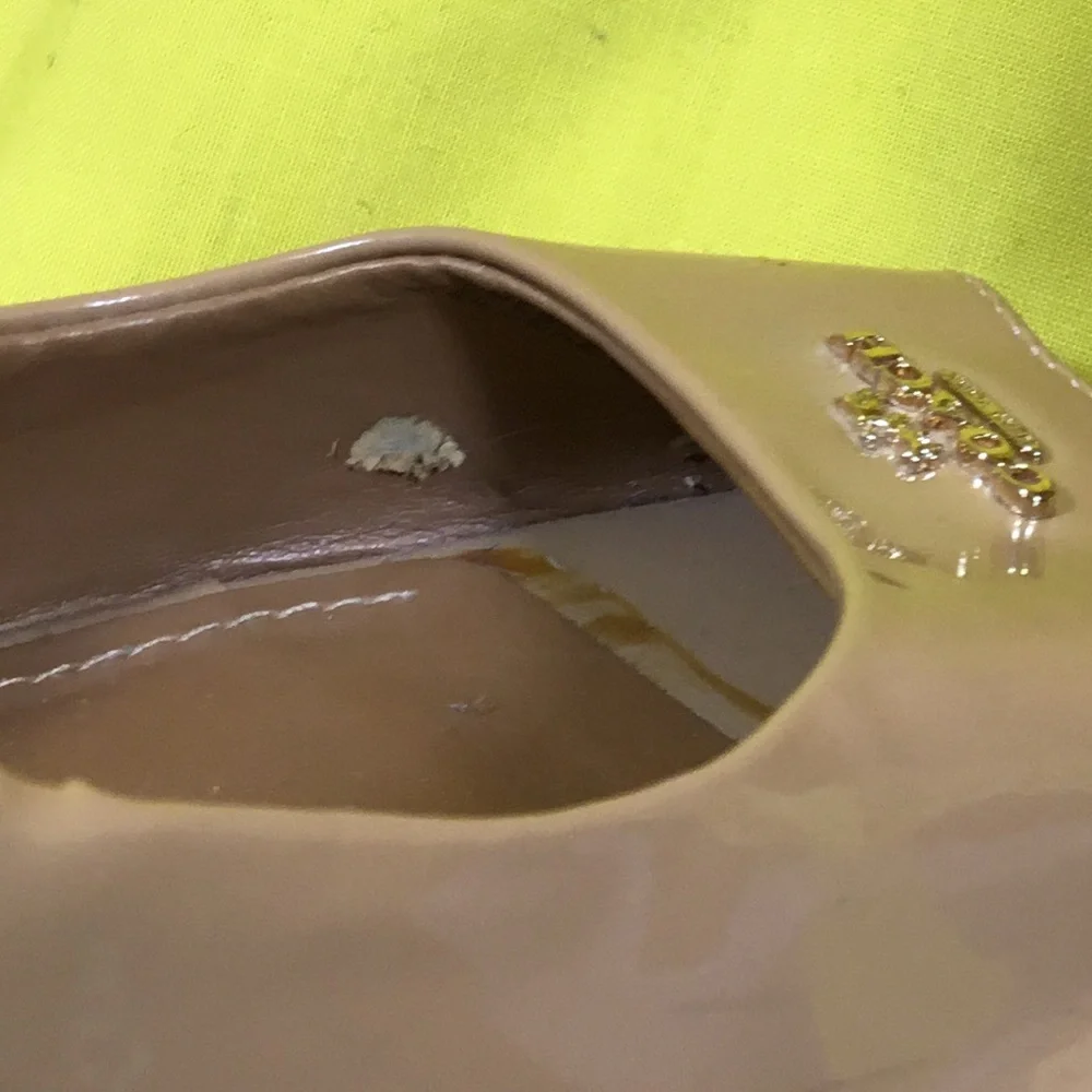 Coach Nude Patent Peep-Toe Wedge Slingbacks
